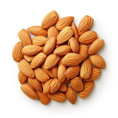 A close-up view of a cluster of golden almonds, showcasing their natural texture and rich color, isolated on a white background.