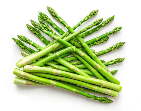 A high-quality image showcasing fresh, green asparagus spears neatly arranged against a clean, white background. Ideal for culinary content and health and wellness themes.