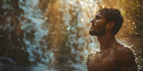 Refreshing post-workout rinse under a waterfall. Concept Nature Photography, Adventure Photography, Waterfall Photo Shoot, Post-Workout Shower, Outdoor Fitness
