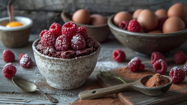 a bowl of raspberry chia pudding next to bowls of eggs and raspberries on a table.