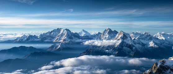 rocky mountain range piercing through a sea of clouds