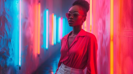 Woman Standing in Front of Neon Wall - obrazy, fototapety, plakaty