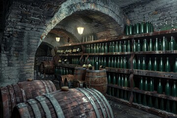 Old Wine Cellar with Oak Barrels, Winery Basement, Wine Cellar, Copy Space - obrazy, fototapety, plakaty