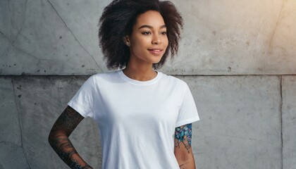 beautiful girl with tattoos and light concrete background  - obrazy, fototapety, plakaty