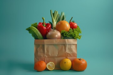 Colorful assortment of fresh fruits and vegetables arranged peeking out from an eco-friendly brown paper bag