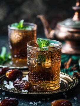 Moroccan tea in traditional glasses with mint, dates and sugar