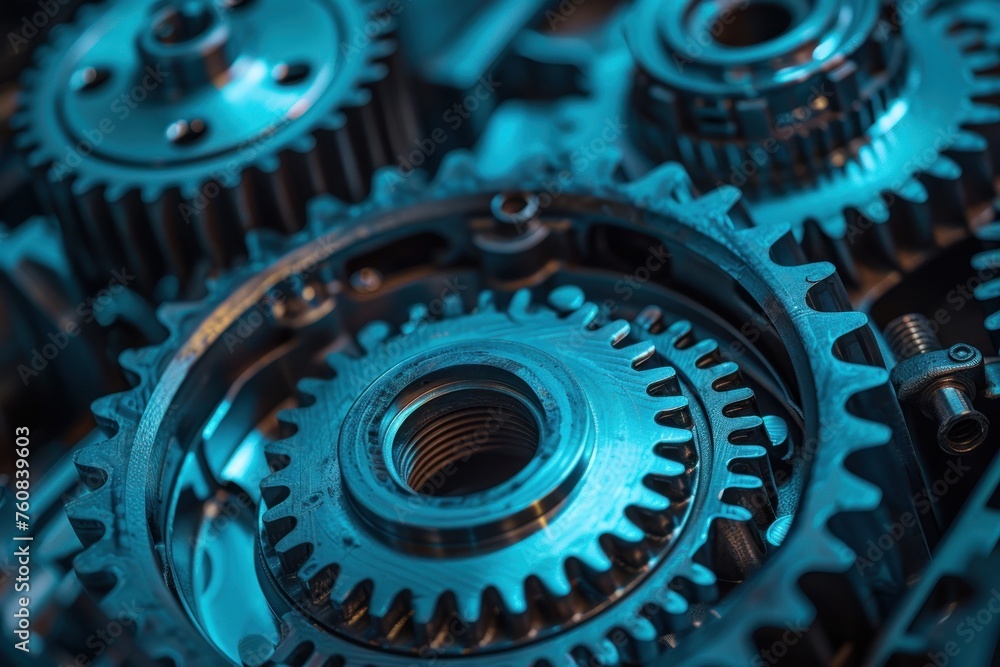 Poster a close up of a blue gear with a lot of detail. the gears are all different sizes and are all connec