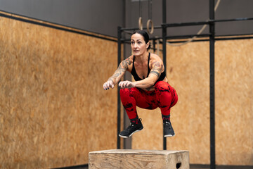 Strong sportive woman jumping into box in a gym
