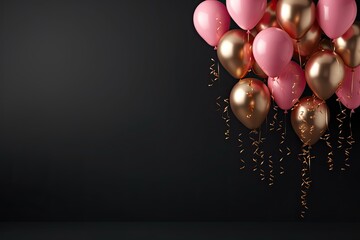 helium gold pink balloons with empty space for text. black background