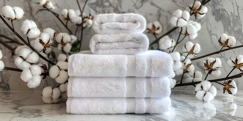 Fototapeta na wymiar Neatly piled white towels and cotton flowers in a bathroom setting . Concept Home Decor, Bathroom Essentials, Towel Organization, Cotton Flower Arrangement