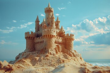 sand castle and blue sky.
Concept: tourist brochures, beach holidays or children's summer activities for resorts or family hotels.