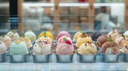 A tempting display of artisanal ice cream flavors nestled in a frosty glass showcase, inviting a delightful indulgence.