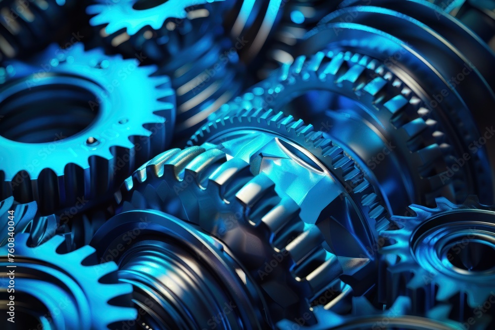 Poster a collection of blue gears with a metallic sheen. the gears are arranged in a way that they appear t