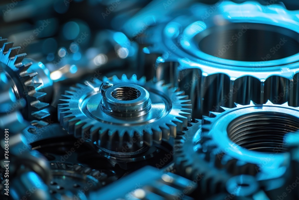 Poster a close up of a set of gears with a blue tint. the gears are all different sizes and are interlocked