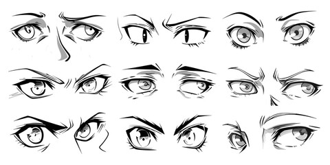 Anime style emotional sight. Comic eyes, angry, happy, surprise emotions. Cartoon japanese asian comics characters, vector set
