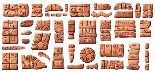 Abstract cuneiform stone plates. Isolated akkadian sumerian or assyrian writing on stones. Clay sheets with ancient scripts, vector cartoon set - obrazy, fototapety, plakaty