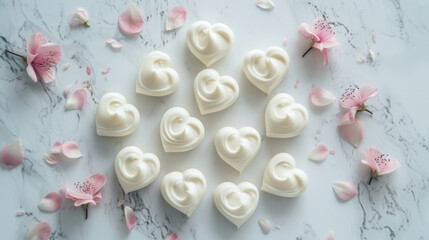 Top view of natural yogurt or cosmetic cream in the shape of hearts surrounded by pink flowers on white marble surface.. Love, Romance and Valentine  Theme Background. Romantic and Elegant Backdrop