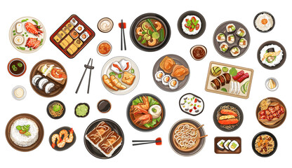 Asian food top view. Isolated cartoon different east cuisine meals. Noodle, soup and sushi, vegan and dish with meat, seafood and rice. Vector set