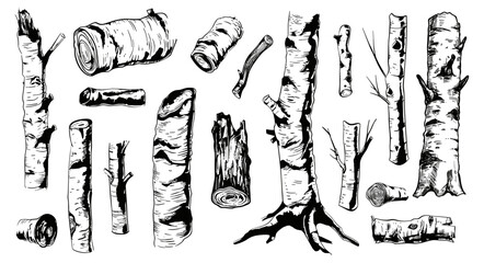 Black birch trunk set, isolated sketch trees and trunks, dry branches. Ink drawing nature elements, organic wooden vector objects