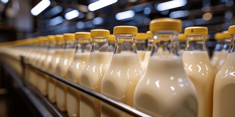 Bottles of milk neatly lined up on shelves in the production area of ​​a dairy farm.
Concept: agriculture and dairy industry, natural and organic dairy products.