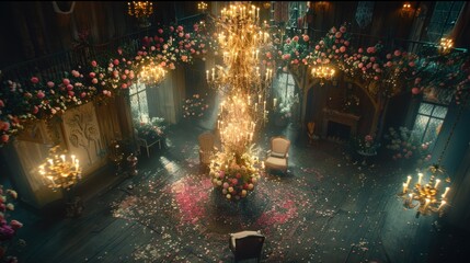 a room filled with lots of flowers and a chandelier hanging from the ceiling and a chair in the middle of the room.