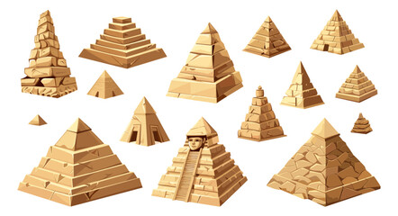 Egyptian pyramids. Isolated cartoon ancient pyramid. Egypt or maya symbols, popular sights for tourist and archeology. Tomb of the pharaohs vector set