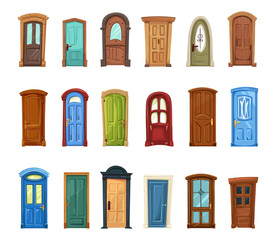 Different cartoon doors. Isolated door entry, architecture decorative elements for houses and buildings. Colorful outdoor interior design, vector collection