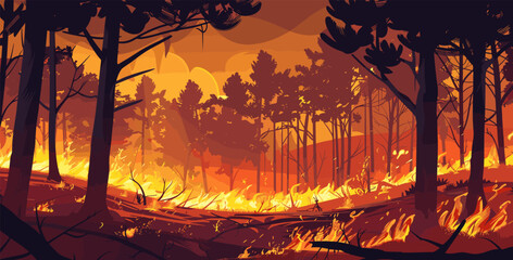 Forest fire illustration. Natural disaster, wild flame destroys nature. Fires spreads, trees and dry grass burn, vector landscape