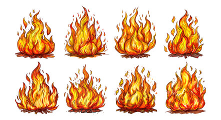 Fire flames. Campfires with pieces of wood, nature fires elements. Cartoon comic sketch design, dangers and hot, vector isolated objects