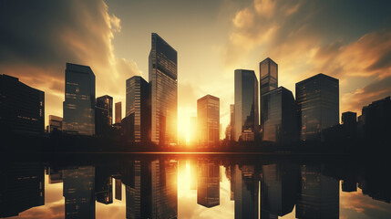 Sun is setting over a cityscape of towering buildings, creating a striking abstract business and finance