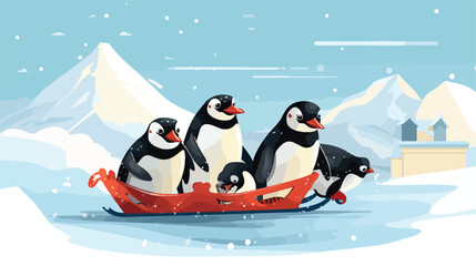 A family of penguins enjoying a day of sledding in
