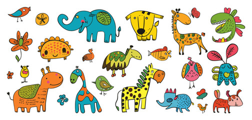 Kids style drawing doodle animals. Isolated monsters and crazy animal. Children mascots, hand drawn vector collection