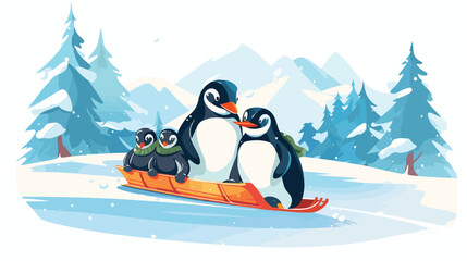 A family of penguins enjoying a day of sledding in
