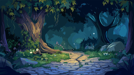 Naklejka premium Magic dark forest at night. Lights, tree and flowers, stone road. Fairy tale, magical location for adventure or fantasy travel, vector cartoon illustration