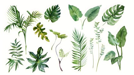 A set of plants painted in watercolor in clipart style 