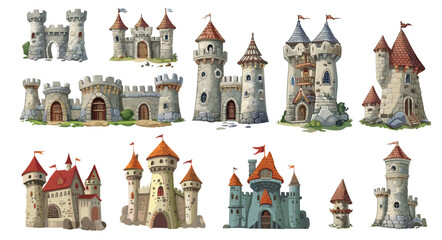 Medieval stone castles and towers. Cartoon castle, old tower with stones and grass. Kingdom houses for king and queen, vector set
