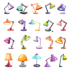 Office cartoon lamps. Isolated lamp for library, class, school room. Home lightning accessories. Decorative elements, vector modern collection