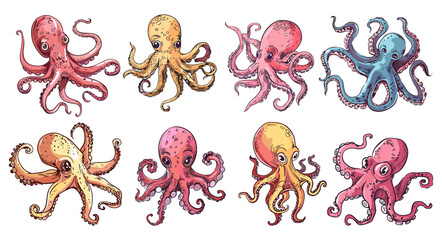Octopus cartoon characters. Colorful fantasy octopuses, underwater sea animals. Marine life, ocean vector crazy collection
