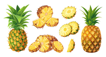 Pineapple cartoon set. Cartoon pineapples, isolated cut fresh fruits. Vitamin vegan tropical food. Slices for dessert and cocktails vector clipart
