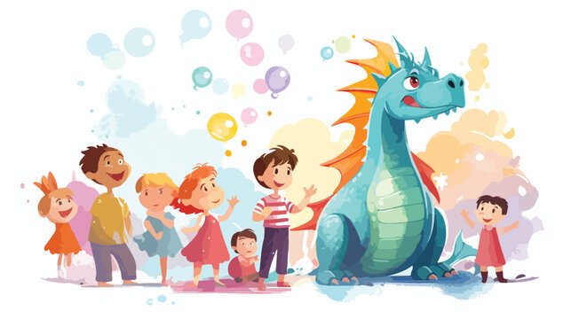 A friendly dragon blowing bubbles with a group of c