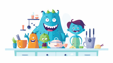 A friendly monster family preparing dinner in their