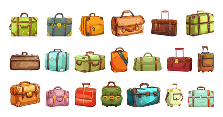 Travel suitcases set. Cartoon bags, touristic luggage clipart. Suitcase and hand bag, tourism accessories for clothes and equipment, vector collection