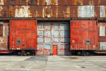 A red train car with a door and a rusty building in the background. Scene is somewhat bleak and abandoned, with the old train car and the rusted building giving off a sense of decay and neglect - Powered by Adobe