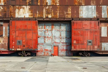 Fotobehang A red train car with a door and a rusty building in the background. Scene is somewhat bleak and abandoned, with the old train car and the rusted building giving off a sense of decay and neglect © Nico