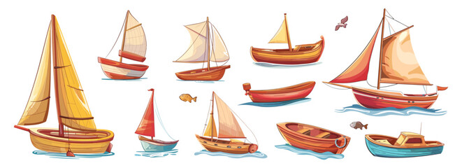 Wooden boats and yachts. Cartoon tiny ships, isolated sailboat with white sails. Sea travel or ocean adventures, lake transport vector set - 760840850