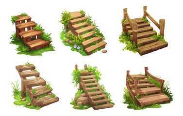 Wooden garden ladders. Cartoon wood staircases with bushes, grass and flowers. Fairytale landscape outdoor elements, vector stairs set