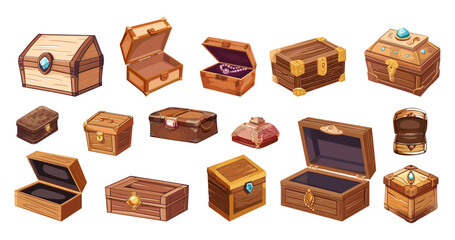 Wooden jewelry boxes cartoon set. Isolated wood box with beads, rings and gemstones. Female home accessories, vector design clipart