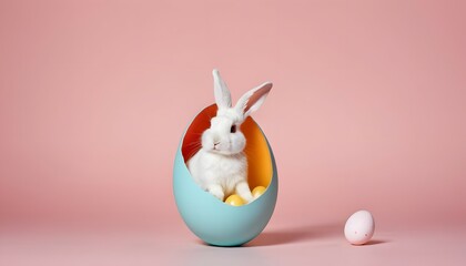 White rabbit sticking its head out from an easter egg on a pink background, Easter poster - obrazy, fototapety, plakaty