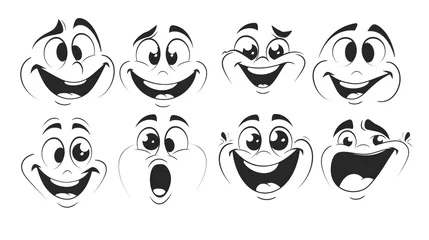 Foto op Canvas Cartoon faces with different expressions. Happy, smiling, sad, surprised, in love face. Emoji with different emotion mood. Showing eyes and mouth. Black and white vector illustration © Pascal