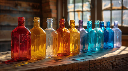 A row of colorful glass bottles on a table